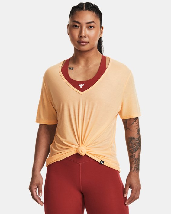 Women's Project Rock Completer Deep V T-Shirt, Yellow, pdpMainDesktop image number 0